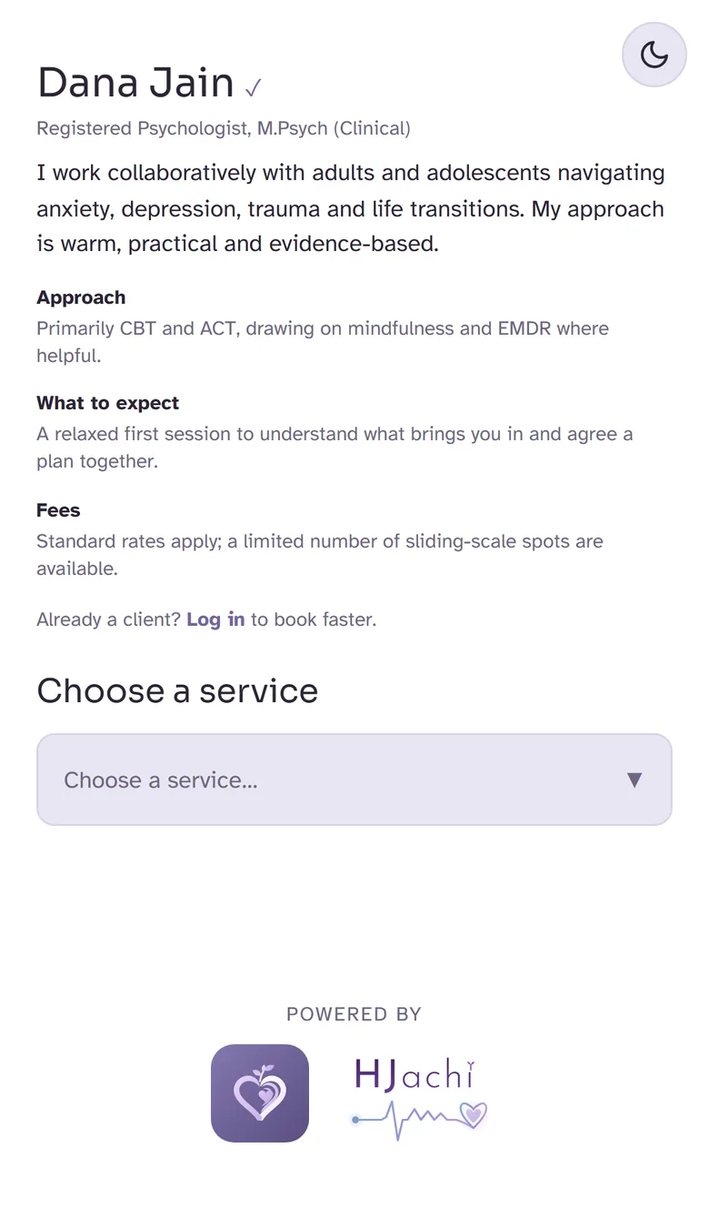 A clinician's public booking page with bio, approach, fees and a list of services to choose from.