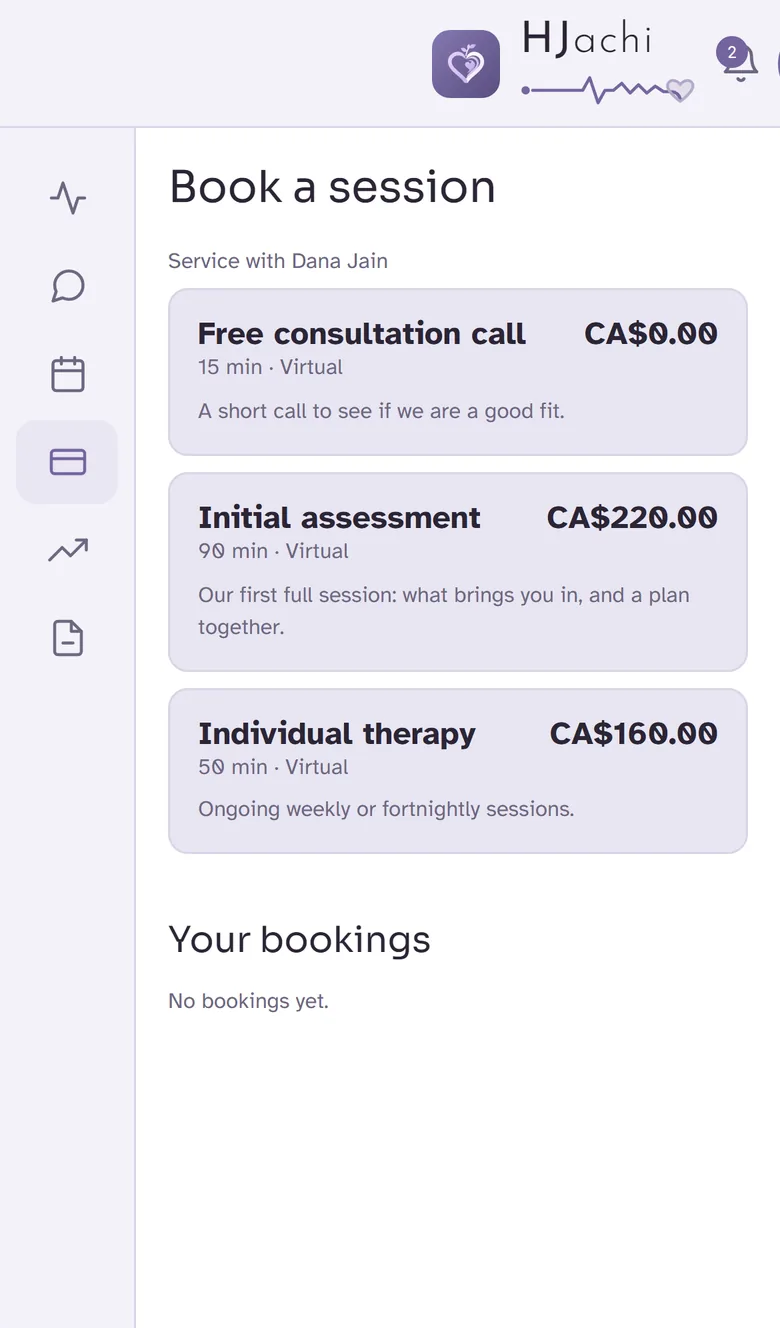 Booking a session: free consultation, initial assessment and individual therapy with prices.