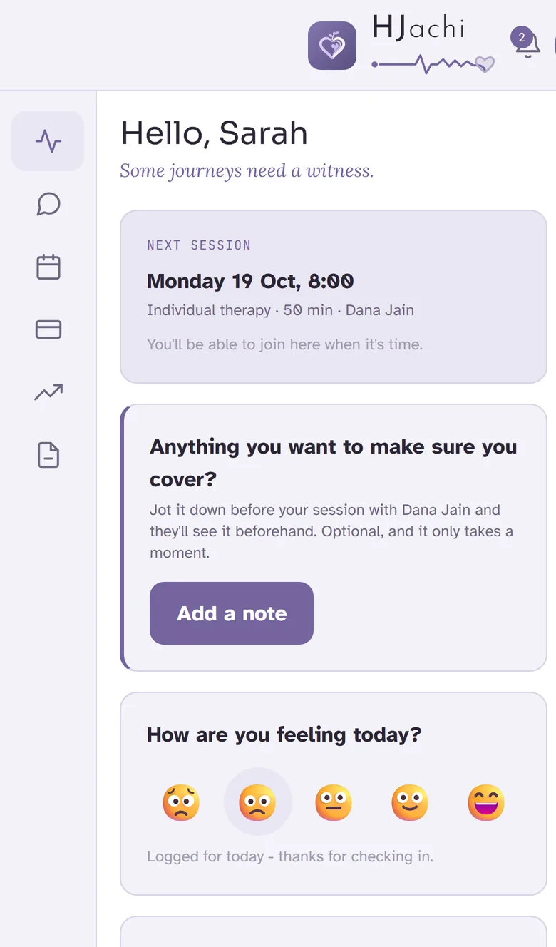 The client's home screen: their next session, a note to add before it, and a mood check-in.