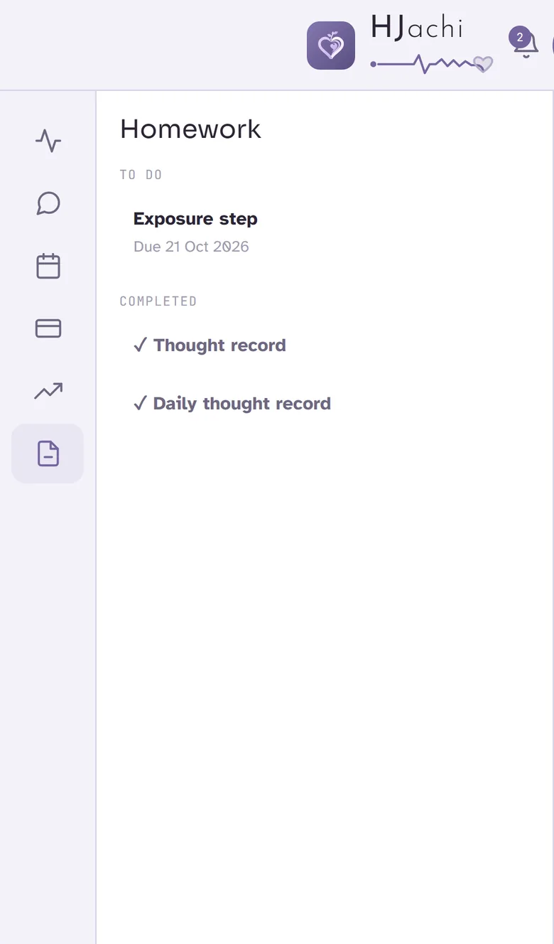 The client's homework list with an exposure step due and completed thought records.