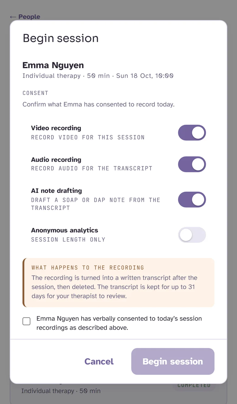 The Begin session screen: recording, AI note drafting and analytics toggles, a plain note on what happens to the recording, and the client's verbal consent.
