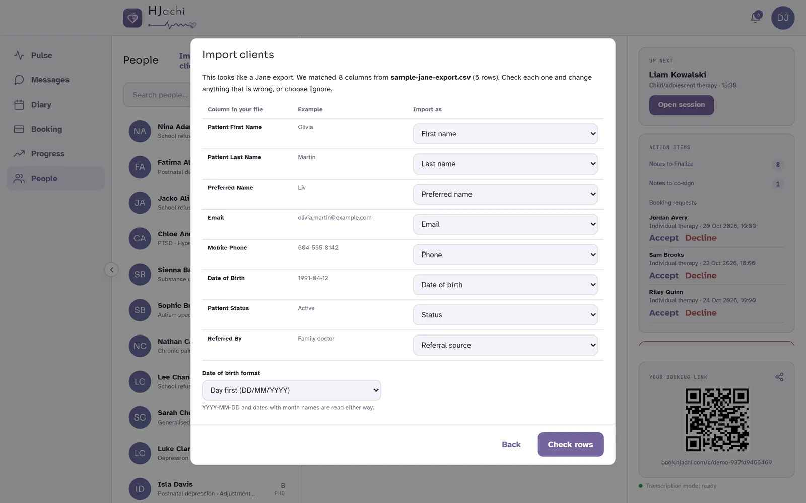 The Import clients screen: a Jane export with eight columns matched automatically, such as Patient First Name to First name and Date of Birth to Date of birth.