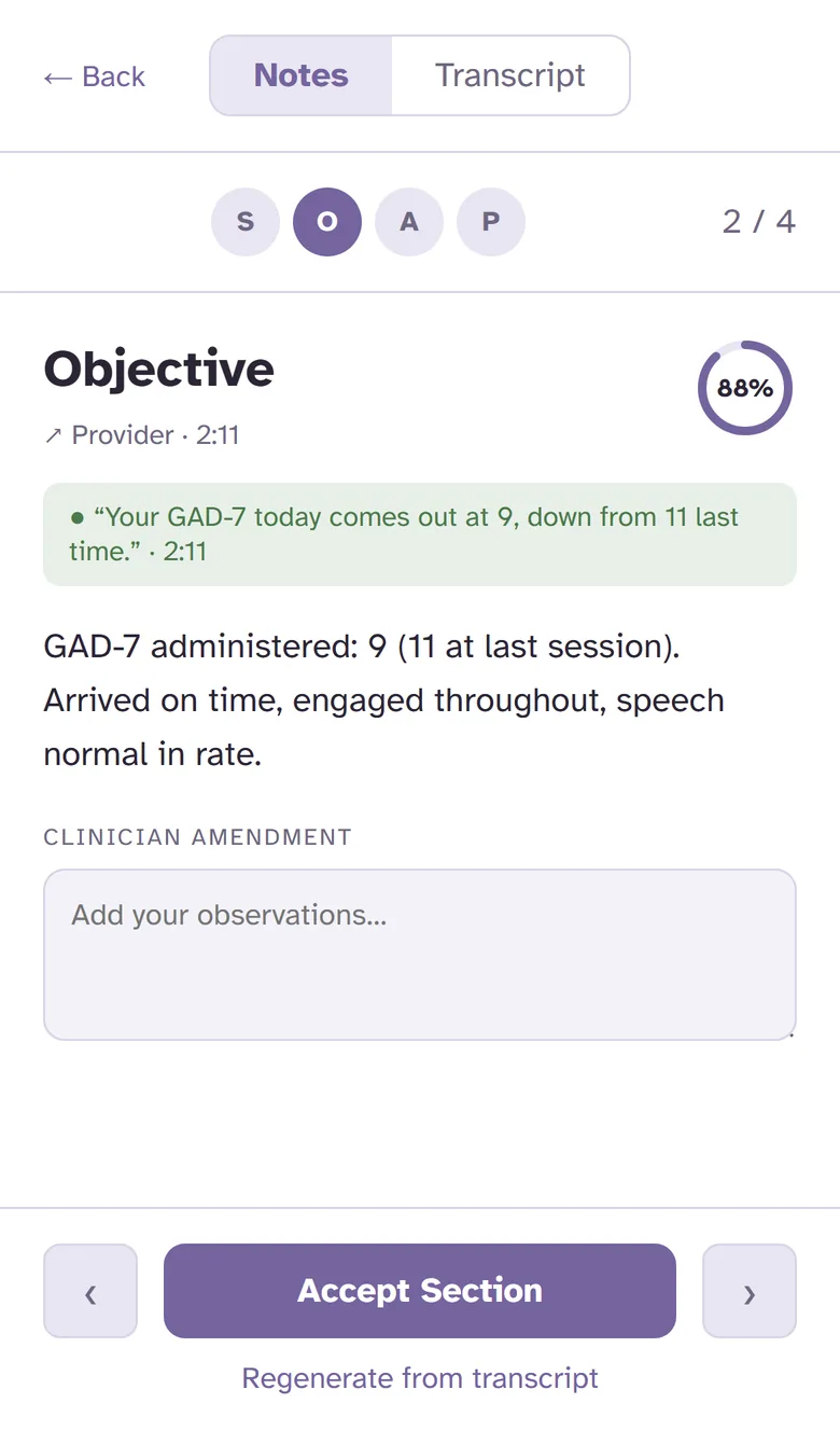The Objective section of a draft note, with the quote it came from and a confidence ring.