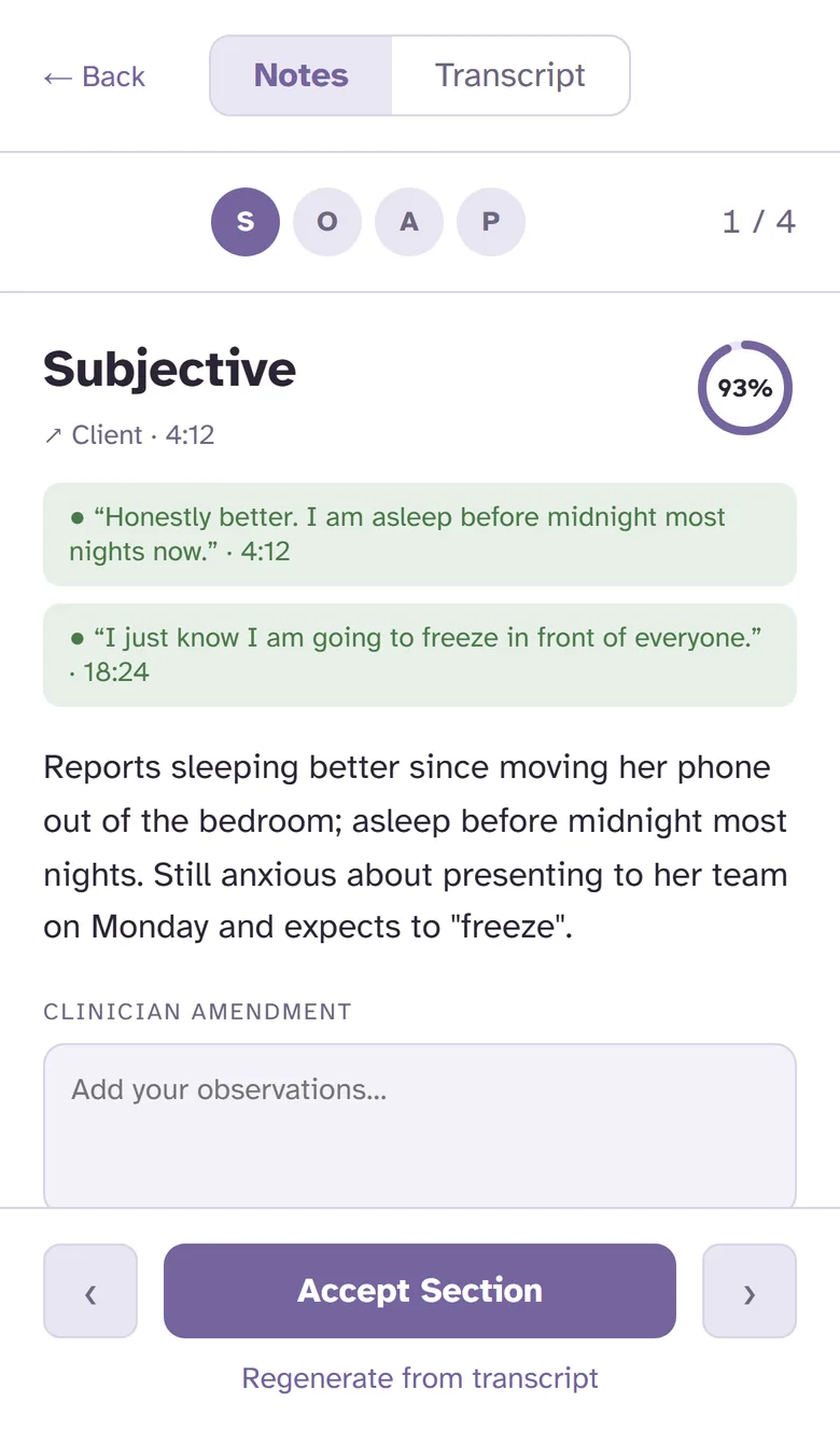 A draft session note in HJachi. The Subjective section shows two quotes from the session with timestamps, a 93% confidence ring, and a box to add your own observations.