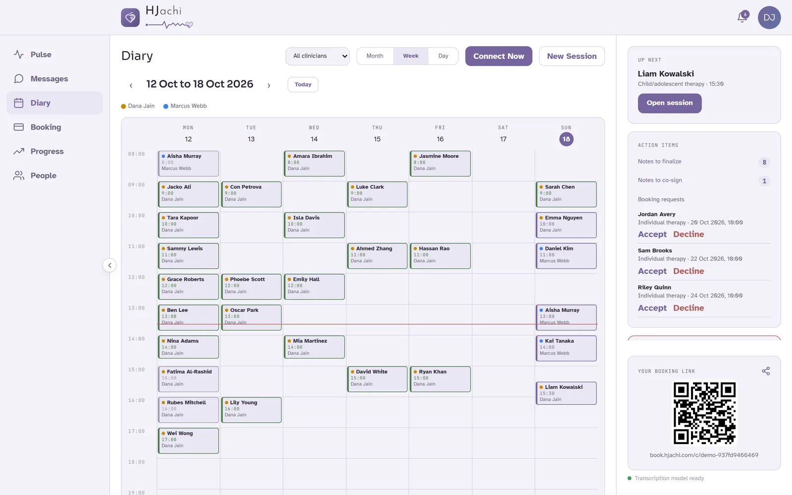 The practice calendar for the week, showing sessions for two clinicians, Dana Jain and Marcus Webb, in different colours with a filter set to All clinicians.
