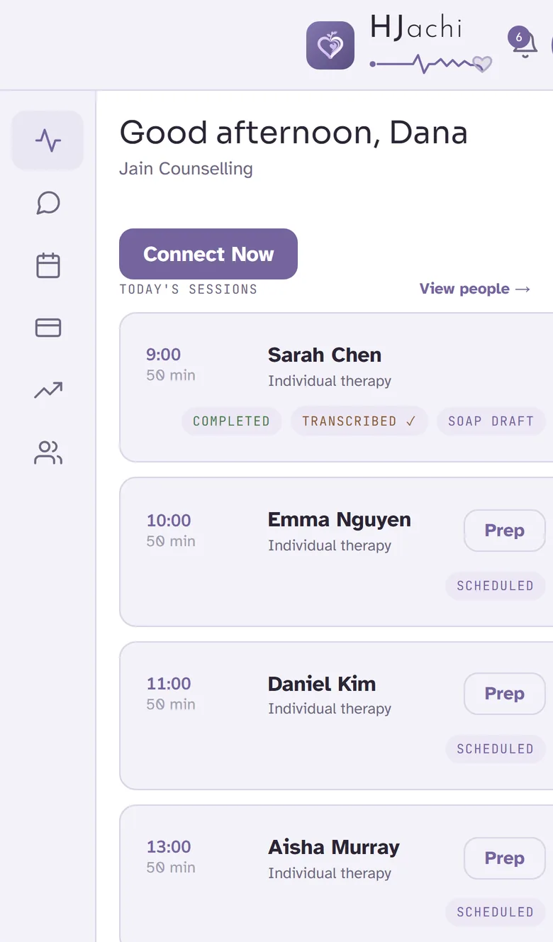 The Today screen: the 9:00 session marked completed, transcribed and with a SOAP draft, then the rest of the day's sessions.