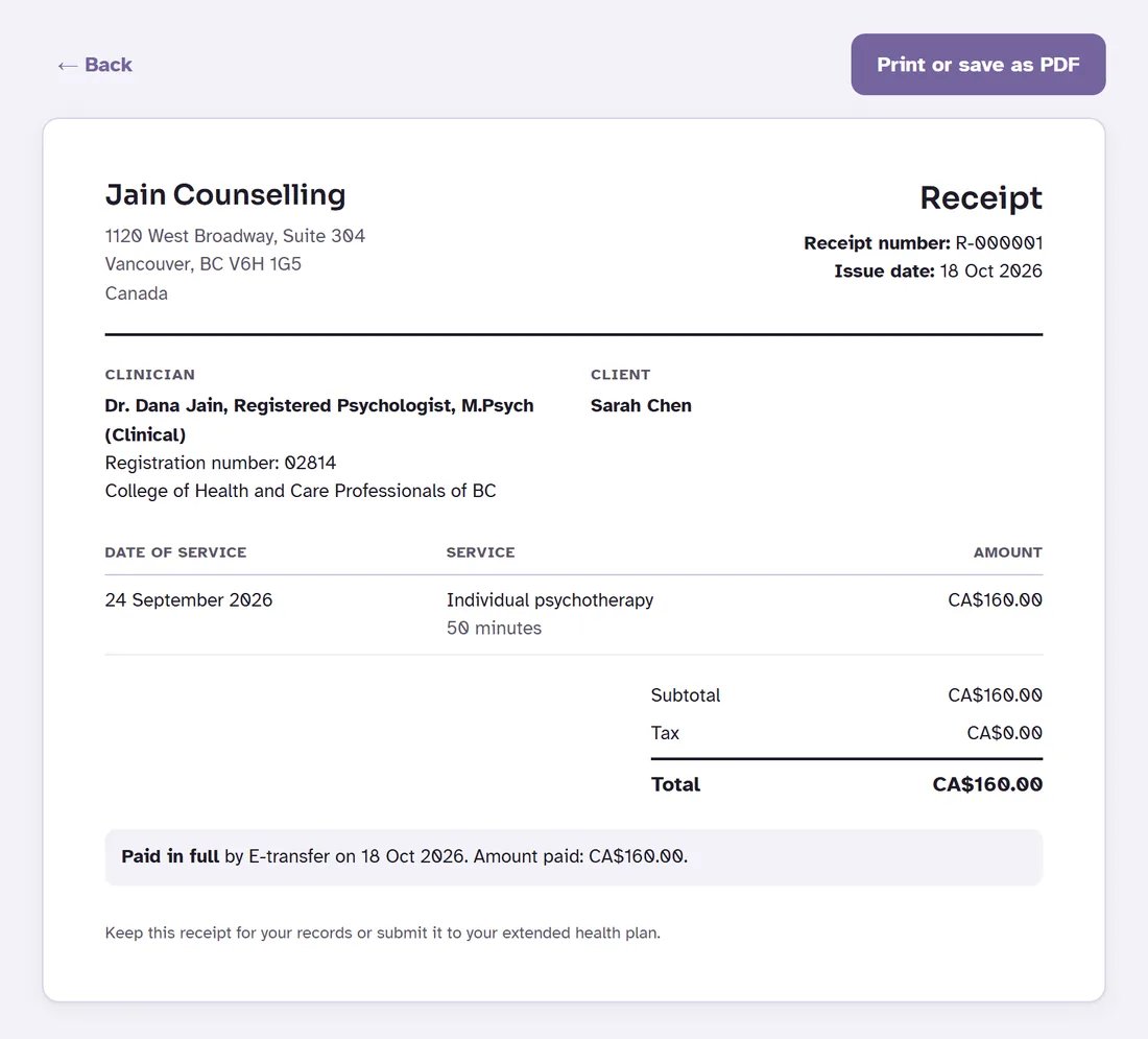 A receipt from Jain Counselling for Sarah Chen: clinician name, credentials, registration number and regulatory body, date of service, a 50 minute individual psychotherapy session, total CA$160, paid in full by e-transfer, receipt number R-000001.