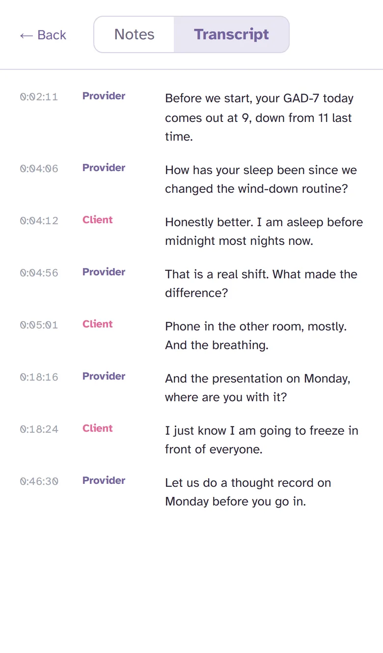 A session transcript with each line labelled Provider or Client and timestamped.